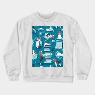 Life is better with books a hot drink and a friend // pattern // turquoise background brown white and blue beagles and cats and aqua cozy details Crewneck Sweatshirt